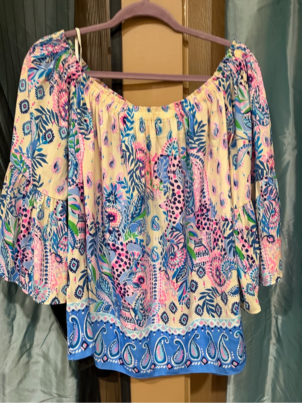 Women’s Off-Shoulder Floral Peasant Top in Cream and Blue